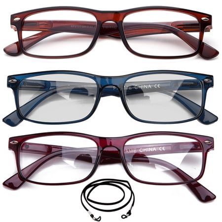 3 Pack Light Compact Squared Fashion Reading Glasses Translucent Spring Hinges with Lanyard +2.25, Brown, Blue & Red