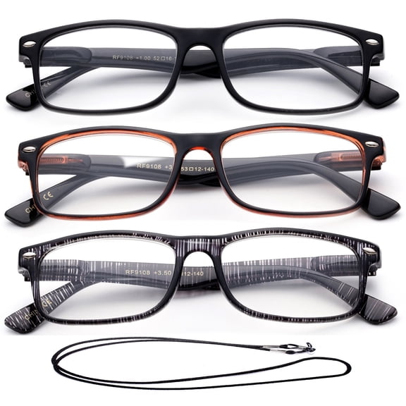 3 Pack Light Compact Squared Fashion Reading Glasses Translucent Spring Hinges with Lanyard +3.00