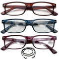 thumbnail image 1 of 3 Pack Light Compact Squared Fashion Reading Glasses Translucent Spring Hinges with Lanyard +3.50, Brown, Blue & Red, 1 of 2