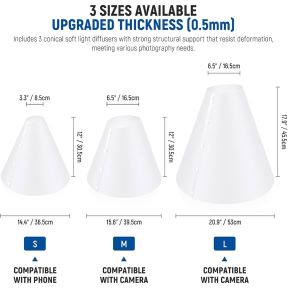 3 Pack Light Cone Set (14"/15"/20") - Photo Lighting Flash Diffuser Reflector