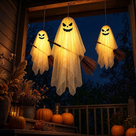 3 Pack Light Up Hanging Ghosts, Warm LED Flying Ghost Decorations with Glitter Fabric, Floating Halloween Ornaments for Indoor Outdoor Porch Tree Party Decor