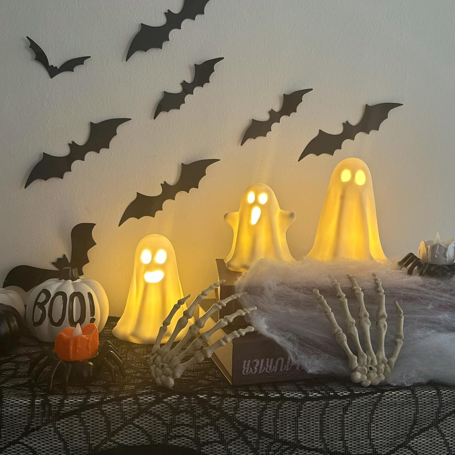 3 Pack Light Up Ceramic Ghost Figurines with Warm Glow for Halloween Decor