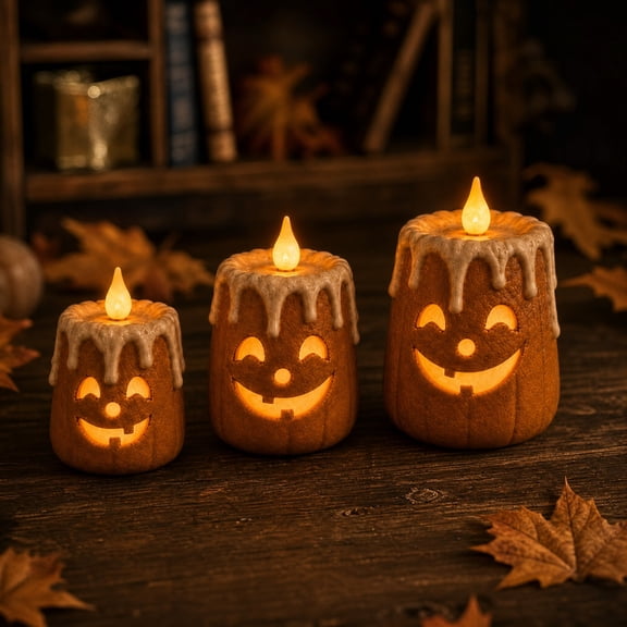 3 Pack Light Up Jack O Lantern Candle Lamp, Resin Smiling Pumpkin Flameless LED Tabletop Decor for Halloween & Thanksgiving Home Party Display