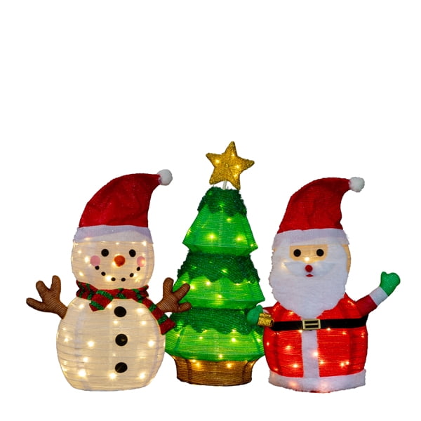 3-Pack Lighted Christmas Decorations, Plush Santa, Snowman & Star-Topped Tree, 150 Warm White LEDs, Sparkling Tinsel Fabric for Indoor or Outdoor Use