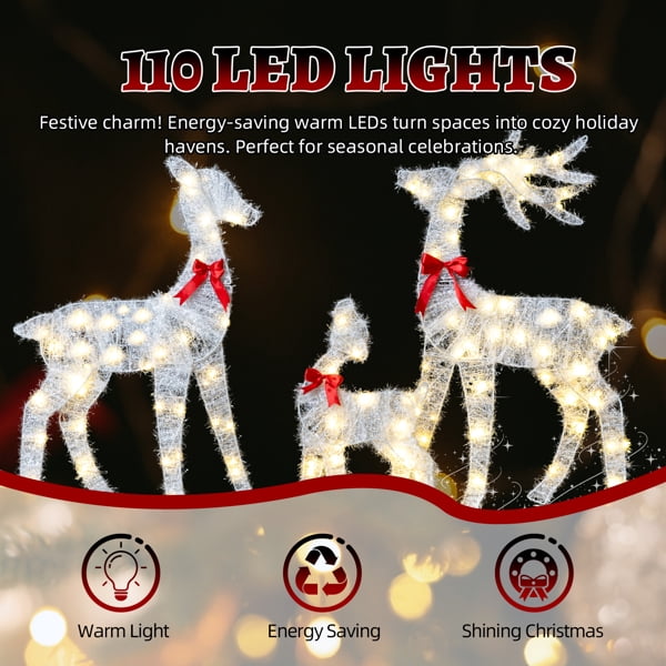 3-Pack Lighted Christmas Reindeer Family Decorations - 110 Warm White LEDs, Buck/Doe/Fawn with Red Bows, Collapsible for Indoor/Outdoor Use