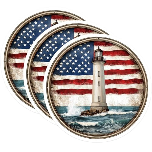 (3 Pack) Lighthouse Decals - American Flag Art - Nautical Theme Sticker - 3 Inches On Longest Side - Easy Peel & Apply - Made in USA - 3MCS8214
