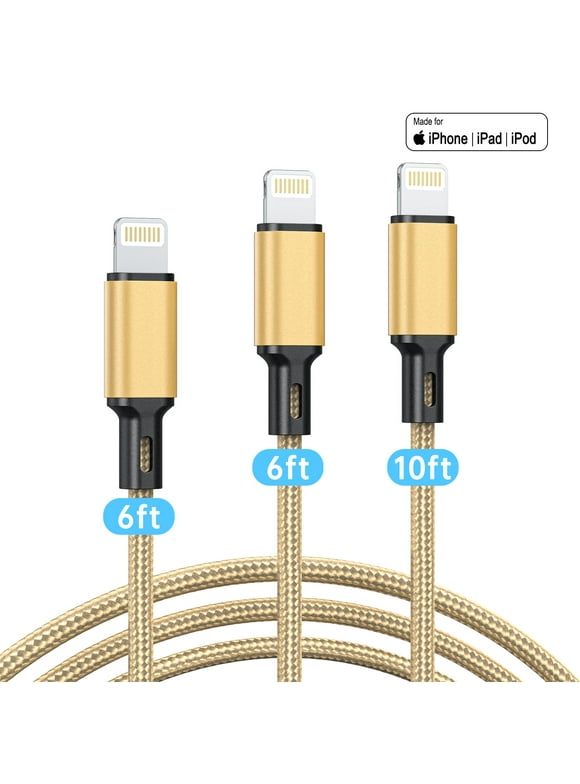 3 Pack Lightning Charger Cord, Long USB Lightning Cable 6/6/10 feet,High/Data Sync 6&10 feet iPhone Charging Cable Compatible for iPhone 14/13/12/11 Promax/XS/XR/8/7/SE/iPad, Color(Golden)