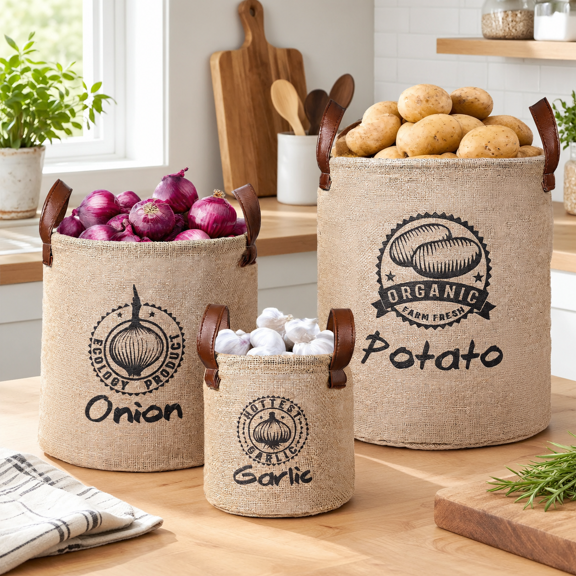 3-Pack Lined Burlap Potato Onion Garlic Storage Baskets with Handles