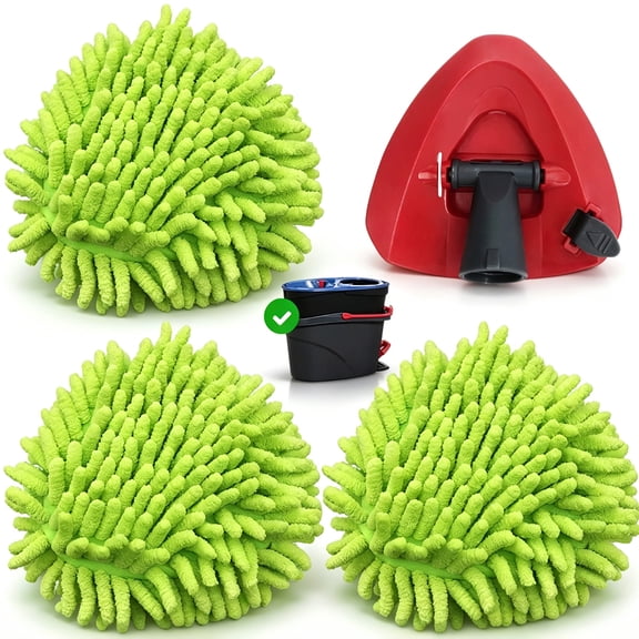 3-Pack Lint-Free Chenille Mop Heads with Base Compatible with O-Cedar RinseClean 2-Tank Spin Mop, Machine Washable Absorbent Replacement Refills