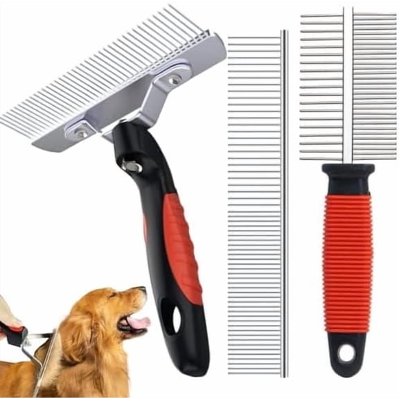 3-Pack Long- Brush Set - Rake Brush & Steel Shedding Comb & Double-Sided Teech Comb for Double Coat Large Dogs, Horses