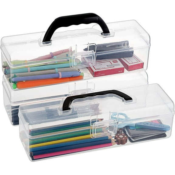 3 Pack Long Plastic Pencil Box Portable Clear Home Utility Boxes with Black Handle Stationery Storage Organizer Painting Tool Storage Container for Pencils Markers Sticky-Notes Craft Supplies