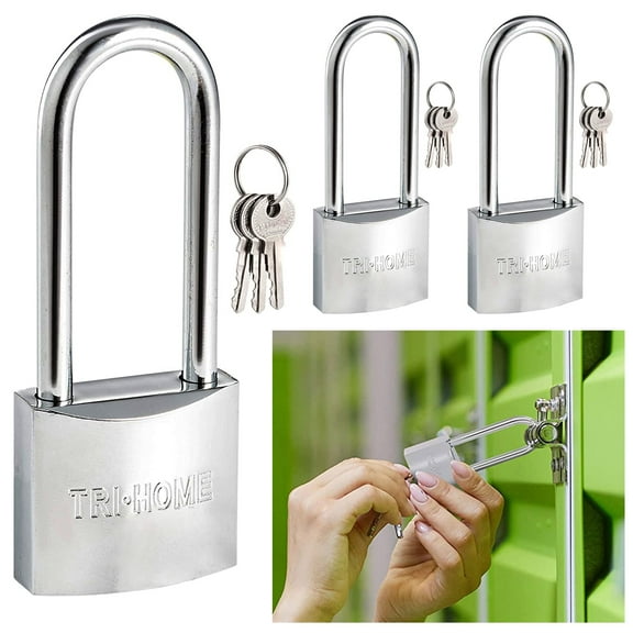 3 Pack Long Shackle Metal Padlocks Heavy Duty 1.5" Brass Locks Keyed 3 Keys 40mm