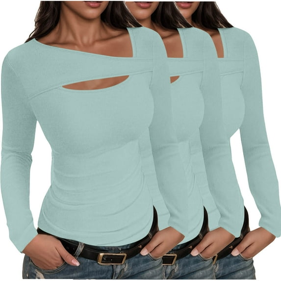 3 Pack Long Sleeve Ribbed Tops Womens Cutout Casual Basic Pullover Fall Knit Undershirts Stretch Layering Tee Shirts, Light Blue 3XL