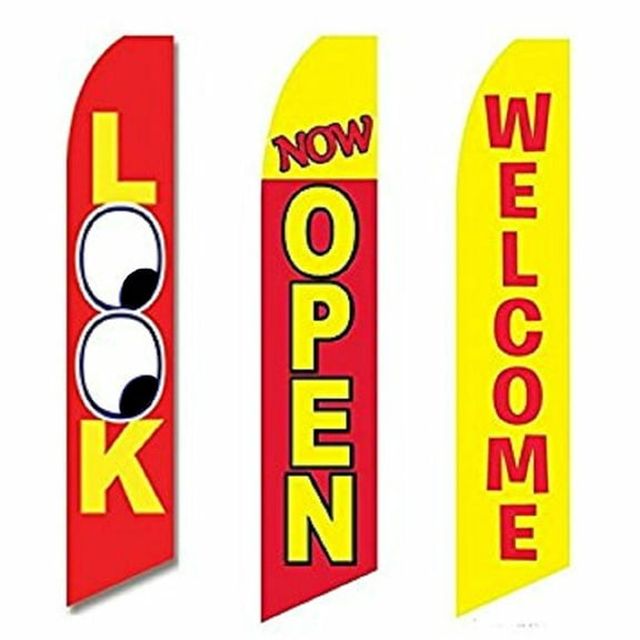 3 Pack Look Now Open Welcome #1 Swooper Super Advertising Windless Banner Flag
