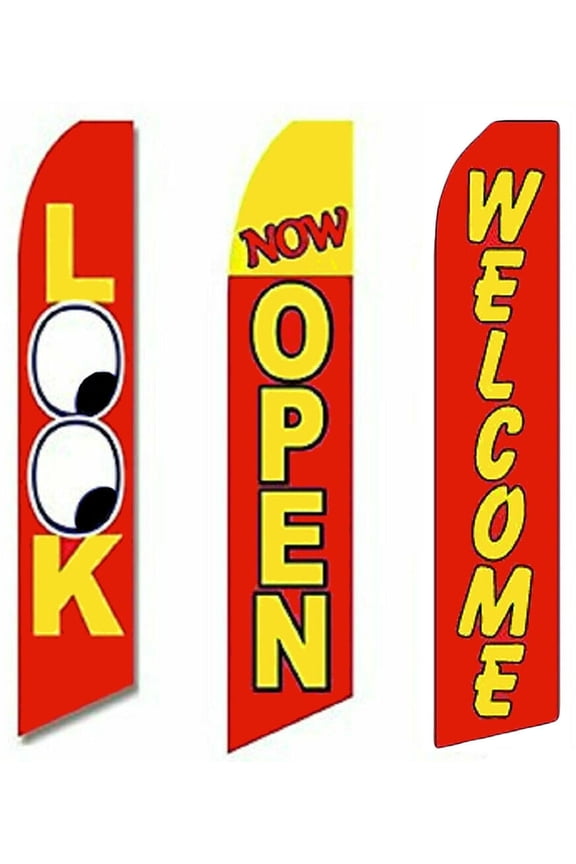 3 Pack Look Now Open Welcome #2 Swooper Super Advertising Windless Banner Flag