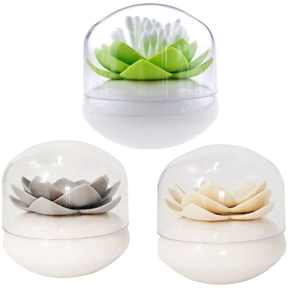 3 Pack Lotus Cotton Swab Holder,Cotton Bud Small Q-Tips Toothpicks Brushes Holder Box Case Storage Organizer Jar with Clear Lid Dustproof Cover Green Grey Beige