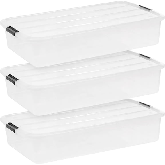 3 Pack Low Profile Under Bed Storage Containers,50 Quart Clear Plastic Storage Bins With Secure