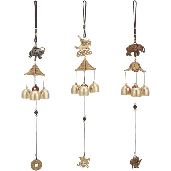 3 Pack Lucky Wind Chimes 3 Bells Chinese Wind Bell Vintage Bronze Metal Blessing Hanging Bell Chimes with Pegasus Elephant Coin for Good Luck Wealth Blessing Home Garden Patio