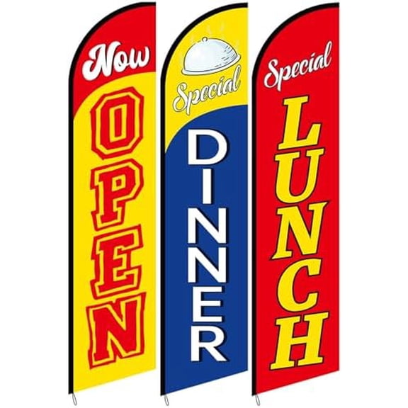 3 Pack Lunch Dinner Special Now Open Feather Flag Sets, 12 x 2.5 ft Large Restaurant Advertising Windless Flag for Business Promotion Replacement$$Other