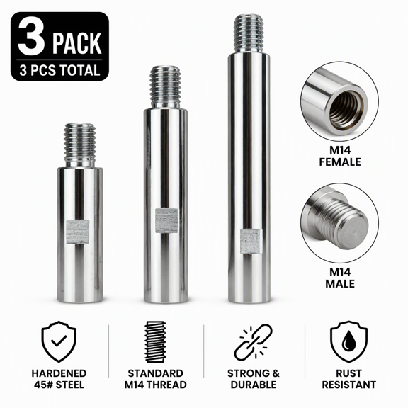 3-Pack M14 Thread Angle Grinder Extension Shaft Set, 3" 4" 5.5" Steel Rotary Polisher Connecting Rod for Car Detailing Stone Buffing