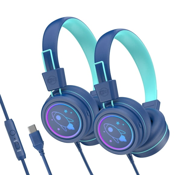 2 Pack Multicolor MEE audio KidJamz KJ55 Safe Listening USB-C Kids Headphones with LED Lights for Boys and Girls / Students / School / Library / Classroom