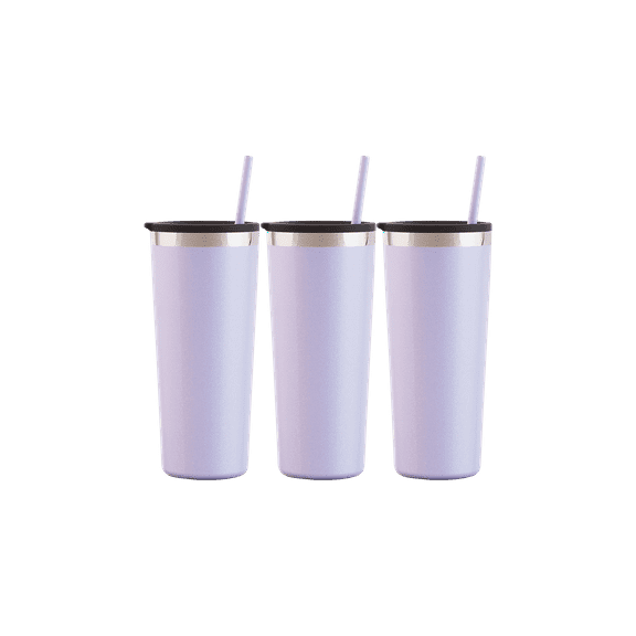 3-Pack: Maars Roadie 18/8 Stainless Steel Double Wall Tumbler 22Oz With Press On Lid & Matching 10" Stopper Straw (Glitter Lilac)