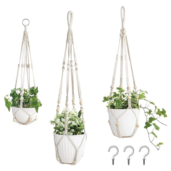 3 Pack Macrame Plant Hanger, Decorative Boho Hanging Plant Holder with 3 Hooks and Beads, Hanging Pot Holder No Tassels for Indoor Outdoor, 35"/29"/23", White (POTS NOT Included)
