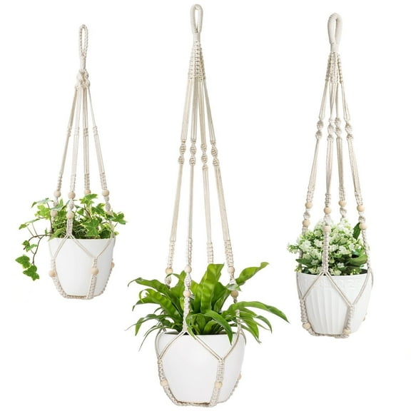 3 Pack Macrame Plant Hangers Indoor Different Size Hanging Planter Basket Flower Pot Holder with Beads No Tasselss 23"/29"/35", Large, Ivory