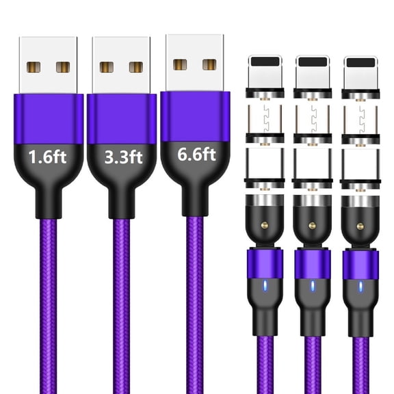3 Pack Magnetic Charging Cable 1.6ft/3.3ft/6.6ft, 3-in-1 Nylon Braided 540° Rotation Magnetic Phone Charger Fast Charging Cable for Type C/Micro USB/i-Product Device, Purple