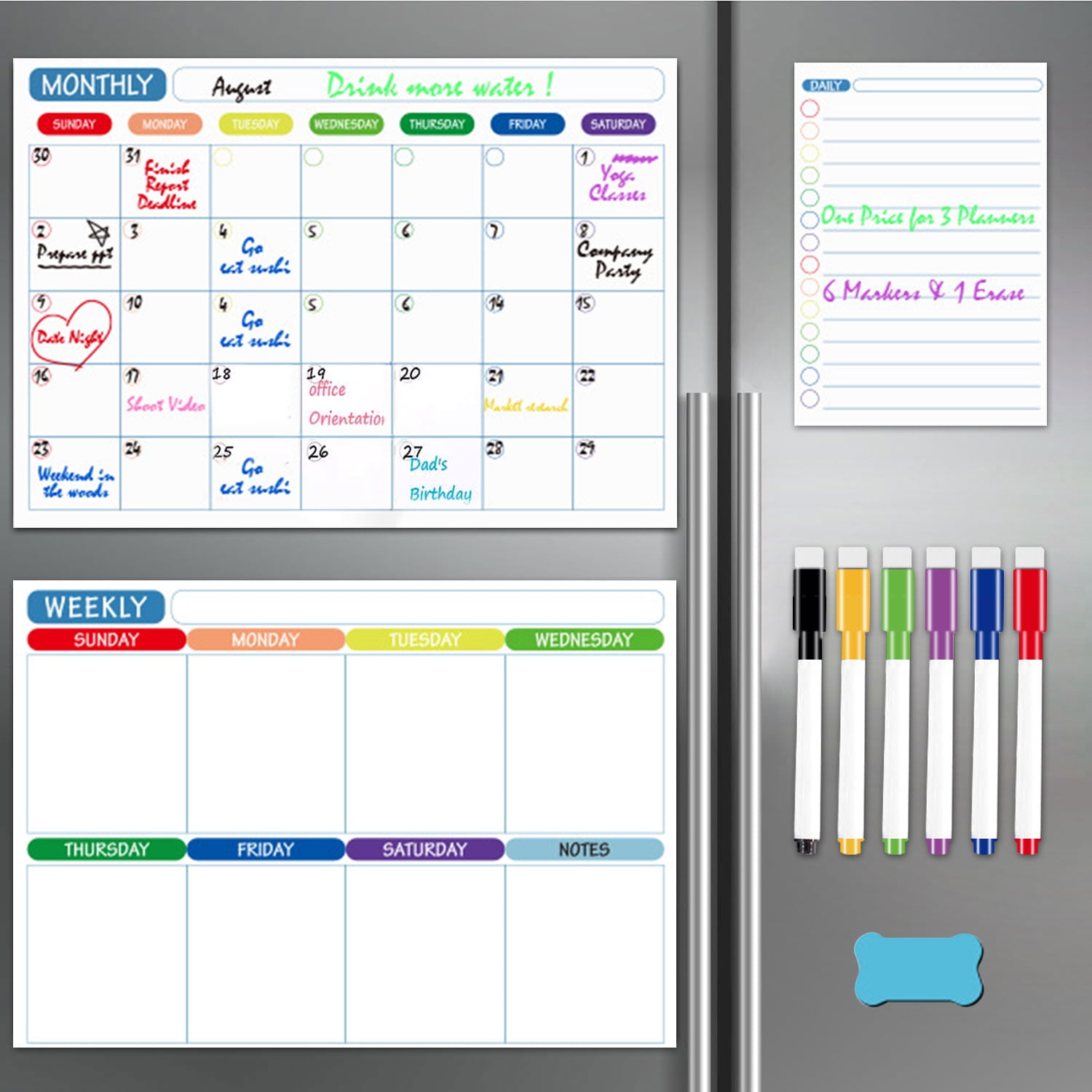 3 Pack Dry Erase Calendar for Fridge & Wall Month, Week