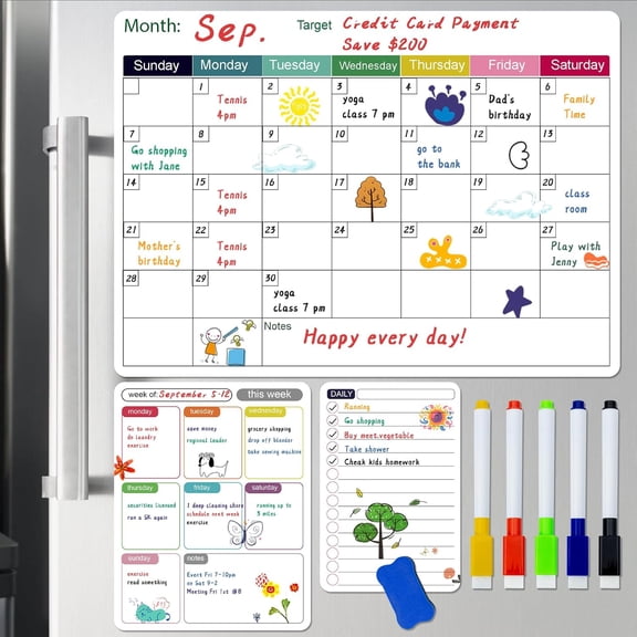 3 Pack Magnetic Dry Erase Fridge Calendar Whiteboard Set,14.6" x 11" Reusable Refrigerator Calendar for Fridge & Wall-Monthly, Weekly,Daily Planners Refrigerator White Board with 5 Markers and Eraser