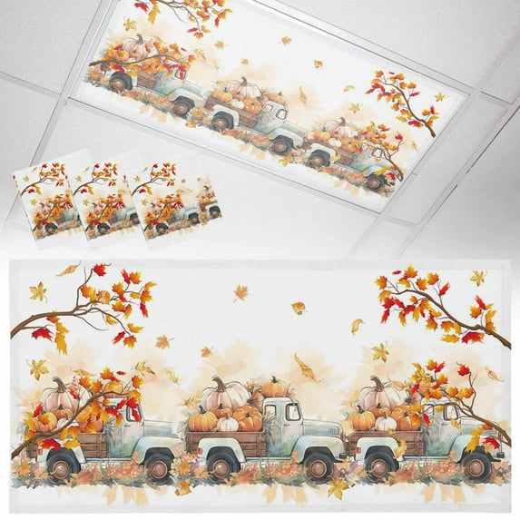 3 Pack Magnetic Fluorescent Light Covers, 2x4 Ft, Thanksgiving Pumpkin Truck Fall Maple Leaves Magnetic Light Covers for Ceiling Lights Classroom Office Home Decor
