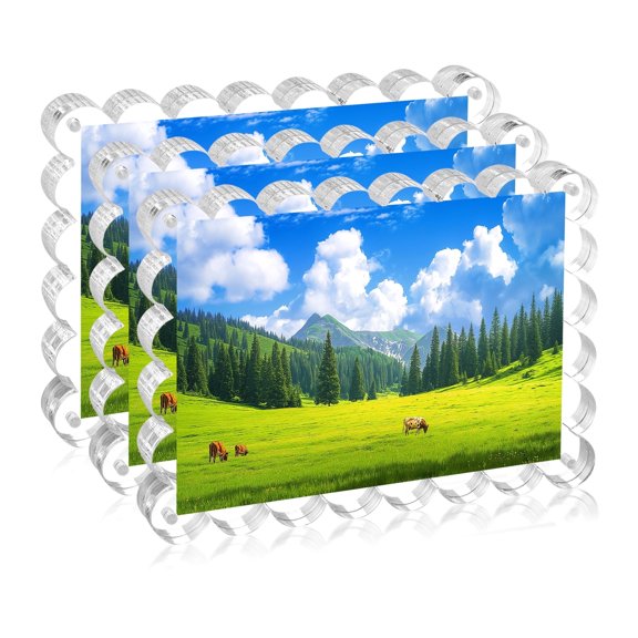 3-Pack Magnetic Picture Frame, 5X7 Inches Double Sided Acrylic Picture Frames, 12+12MM Thickness Clear Acrylic Scalloped Photo Frames Freestanding for Desktop Display