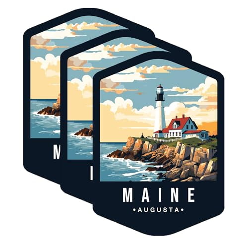 (3 Pack) Maine Decals - Lighthouse Decal - Augusta Maine Decals - 3 Inches On Longest Side - Easy Peel & Apply - Made in USA - 3MCS0360