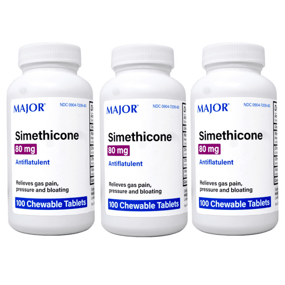 3 Pack - Major Simethicone Gas Relief 80 mg - Anti Flatulence, Bloating and Gas Pressure Aid - 100 Chewable Tablets