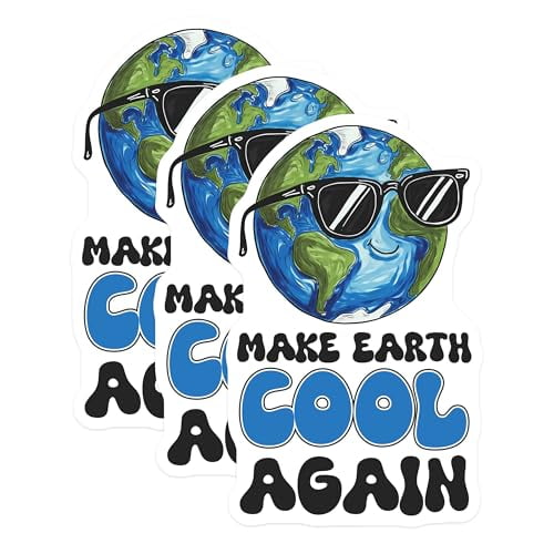 (3 Pack) Make Earth Cool Decals - Earth with Sunglasses - Planet Cool Again - 3 Inches On Longest Side - Easy Peel & Apply - Made in USA - 3MCS6455