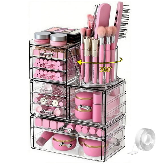 360 Rotating Makeup Organizer with 9 Drawers,3 Tiers,Large Capacity Cosmetics Organizer, Plastic Cosmetic Storage, Beauty Holder for Brushes Lipsticks