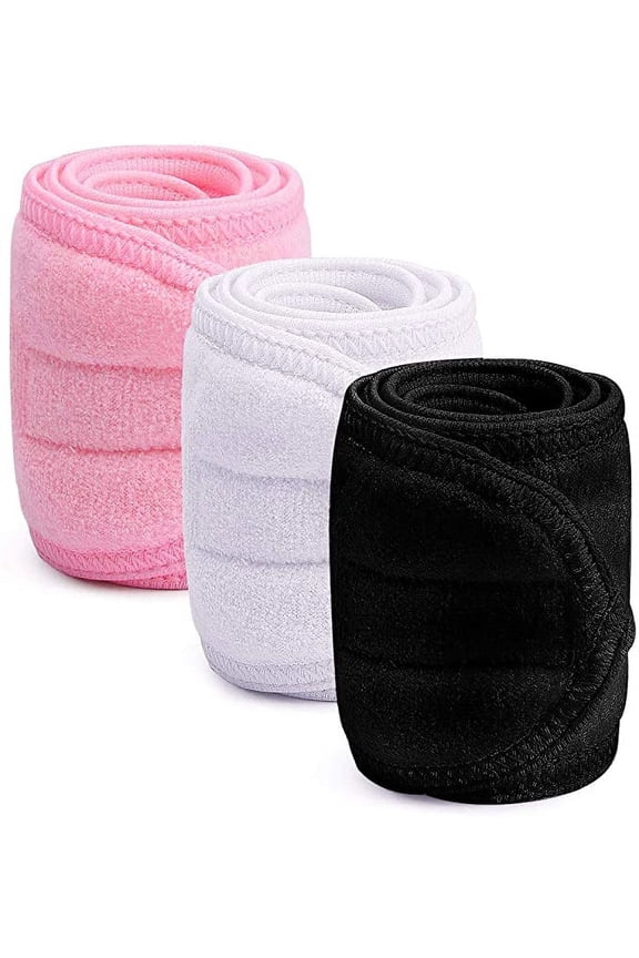 3 Pack Makeup Headband, Ultra Soft Adjustable Spa Facial Headbands Terry Cloth Stretch Make Up Wrap for Face Washing, Shower, Facial Mask, Yoga (Black + White + Pink)