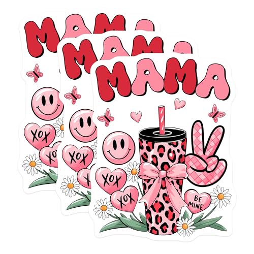 (3 Pack) Mama Leopard Tumbler Decals - Pink Hearts Butterfly - Laptop Decal - 3 Inches On Longest Side - Easy Peel & Apply - Made in USA - 3MCS6484