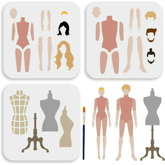 3-Pack Man Women Model Figure Stencil Set - 6x6 Inch Reusable Hairstyle Design Templates for Art Studio Decor Wall Murals and Wood Craft Projects