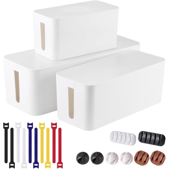 3 Pack Management Box with 18 count Management Set - Large & Medium & Small Organizer Box to Wires & Power Strips | TV Cord Organizer Box | for & Office, White