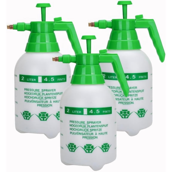 3-Pack Manual Pressure Sprayer with Adjustable Brass Nozzle, 2L Handheld Gressure Spray Bottle, Multipurpose Plastic Pump Bottle Spray for Garden Watering, Yard Spraying and Household Tasks