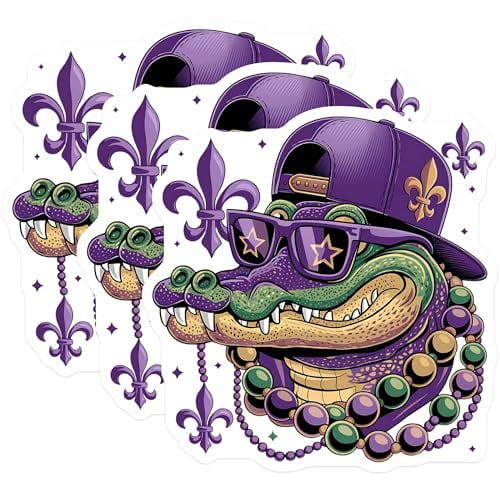 (3 Pack) Mardi Gras Alligator Decals - Cool Gator with Beads - Laptop Decals - 3 Inches On Longest Side - Easy Peel & Apply - Made in USA - 3MCS2908