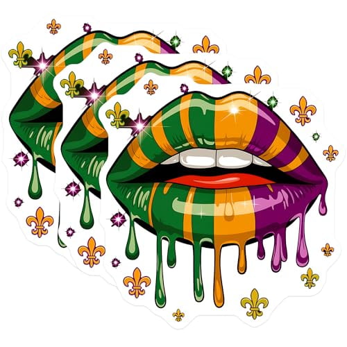(3 Pack) Mardi Gras Lips Decals - Fleur De Lis Stickers - Carnival Party Decals - 3 Inches On Longest Side - Easy Peel & Apply - Made in USA - 3MCS8379
