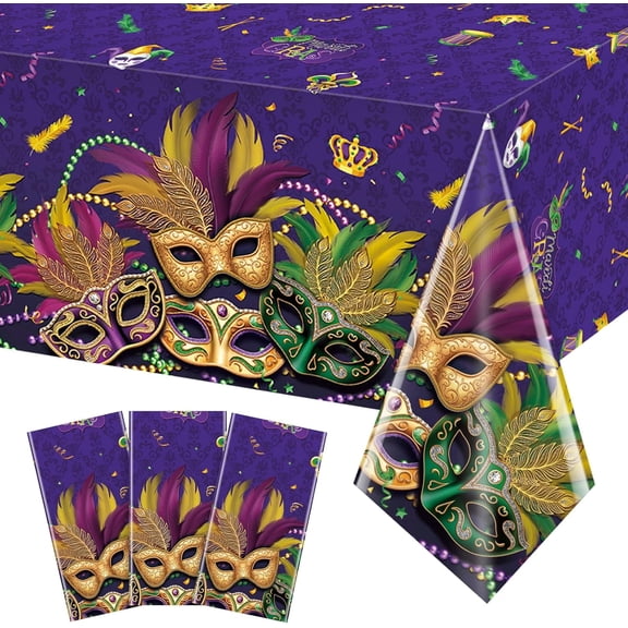3 Pack Mardi Gras Tablecloths, Masquerade Dancing Table Decorations, Plastic Purple Table Cover Backdrop for Mardi Gras Carnival Party Supplies and Decors, 54 x 108 Inch
