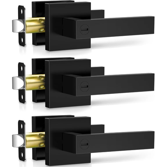 3 Pack Matte Black Door Handles, Keyless Interior Door Knobs, Privacy Door Lever Locksets for Bedroom Bathroom, Heavy Duty Square Door Lock, Reversible for Left&Right Handled Doors