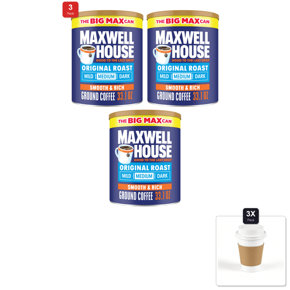 3 Pack | Maxwell House Original Roast Ground Coffee, 33.1 Oz Canister & 3x 12oz Disposable Coffee Cup with Lid & Sleeve