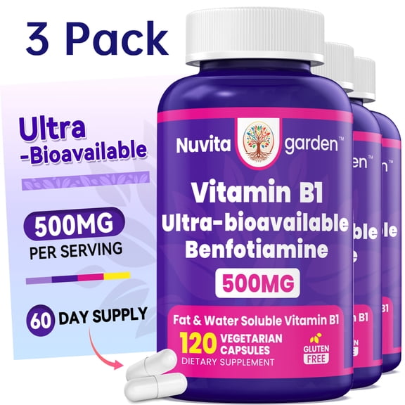 3 Pack Mega Benfotiamine 500 mg 360 Capsules, a fat-soluble form of thiamine, healthy metabolism, ultra-bioavailable vitamin B1