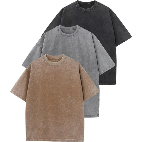 3 Pack Men Oversized T Shirts Vintage Tee Loose Fit Short Sleeve Casual Streetwear Baggy Washed Unisex Tops