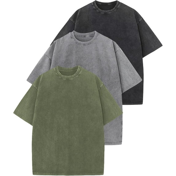 3 Pack Men Oversized T Shirts Vintage Tee Loose Fit Short Sleeve Casual Streetwear Baggy Washed Unisex Tops